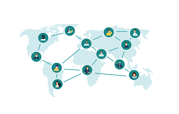 An image of a world map with connected user icons to highlight the team management features available on the First Viewings video platform.