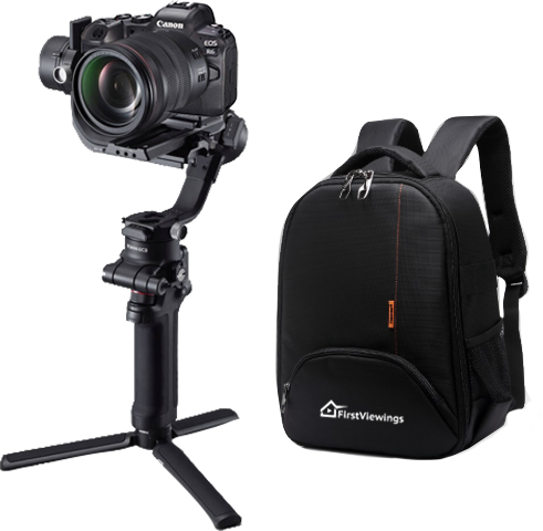 An image of the First Viewings film kit featuring the Canon R5C, Canon 14mm wide angle lens and DJI RS2 gimbal and bag.