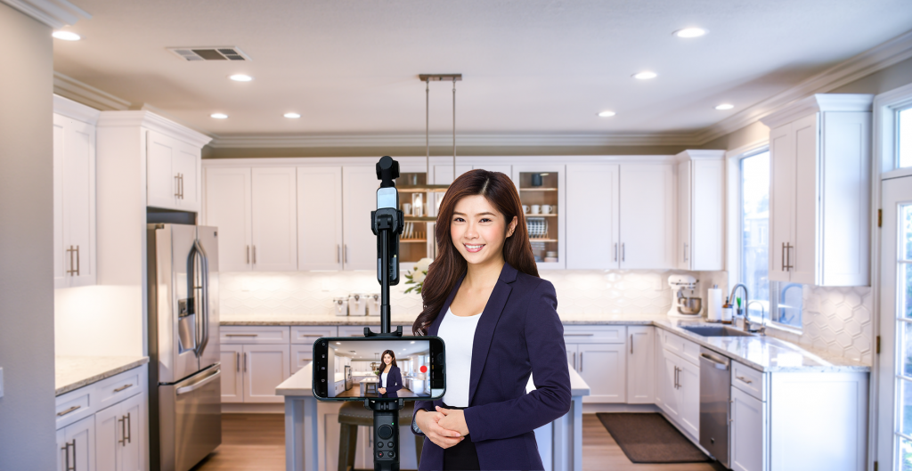 An image of a real estate agent filming a property tour using First Viewings.