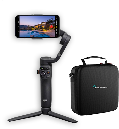 A picture of the First Viewings film kit featuring the DJI Osmo mobile 6 gimbal and bag.