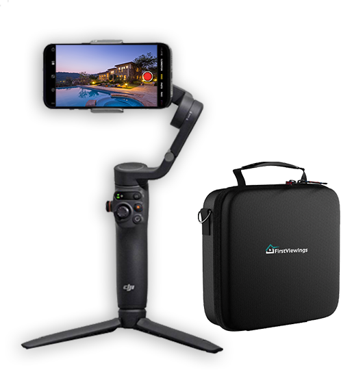 First Viewings Film Kit 1 - First Viewings A picture of the First Viewings film kit featuring the DJI Osmo mobile 6 gimbal and bag.