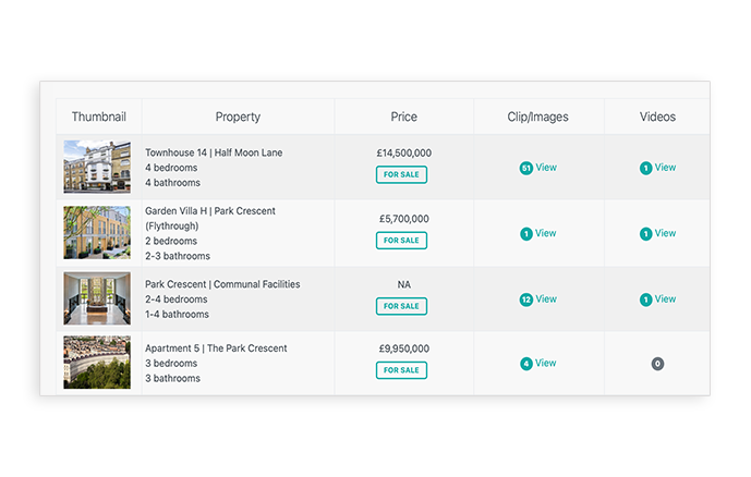 An image of the First Viewings real estate platform dashboard to manage real estate videos.