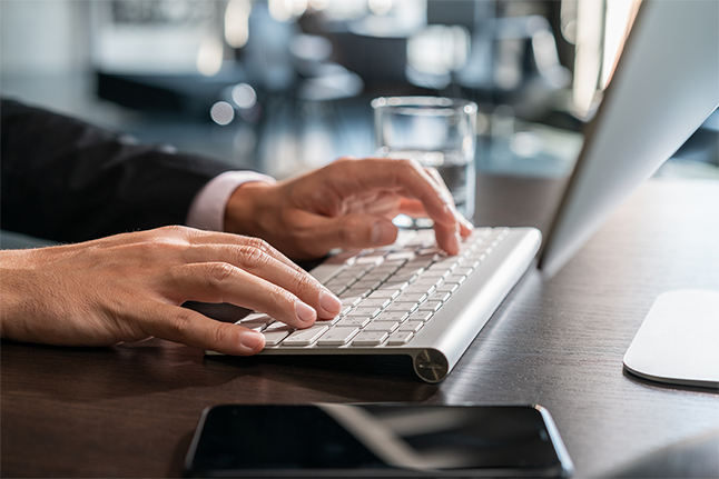 Image of person typing at their computer browsing an online estate agency web page.